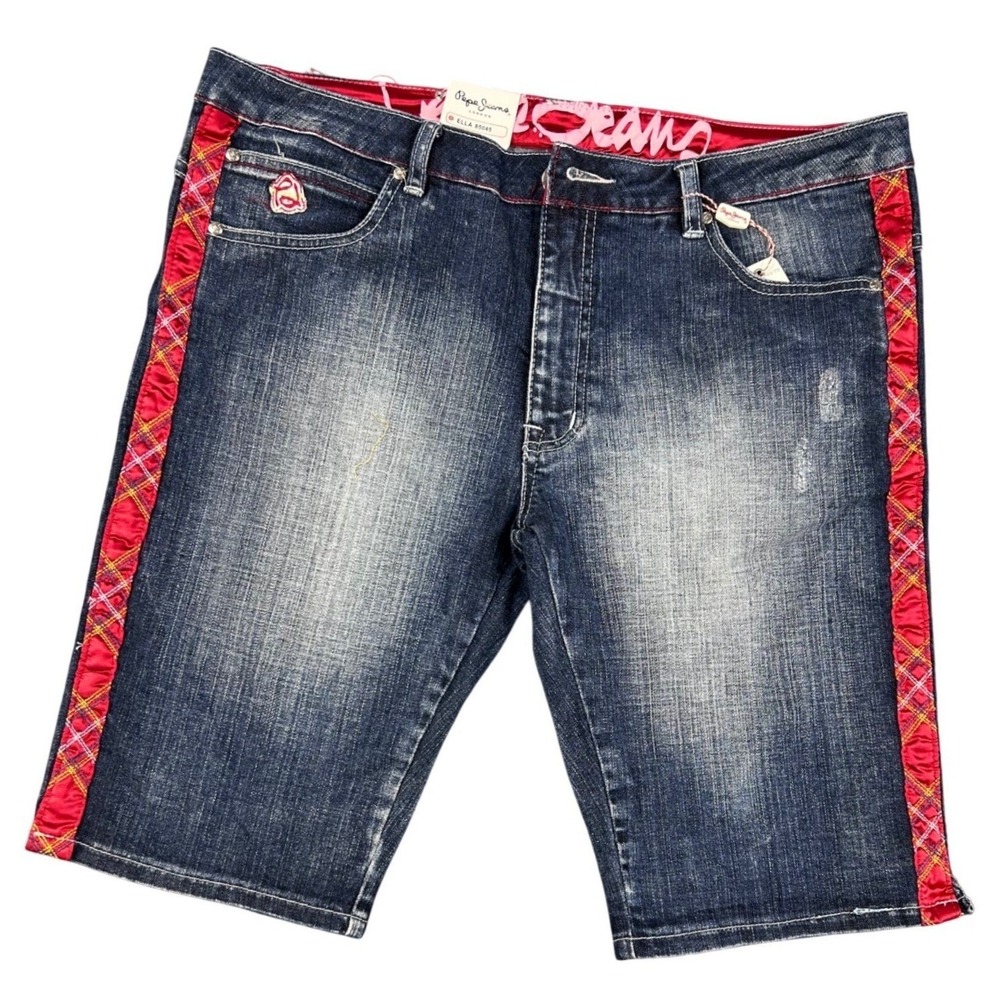 VTG Pepe Jeans Ella Dark Matrix Denim Shorts Red Side Stripe Plaid Size 38 NWOT
